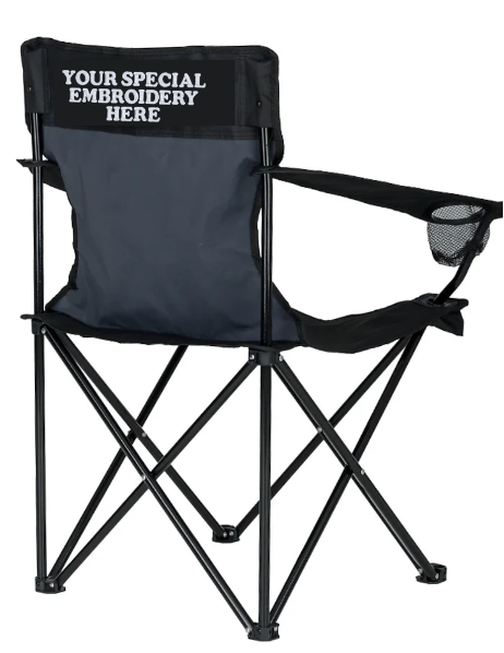 Custom embroidered folding chair with YOUR SPECIAL EMBROIDERY HERE text on the back