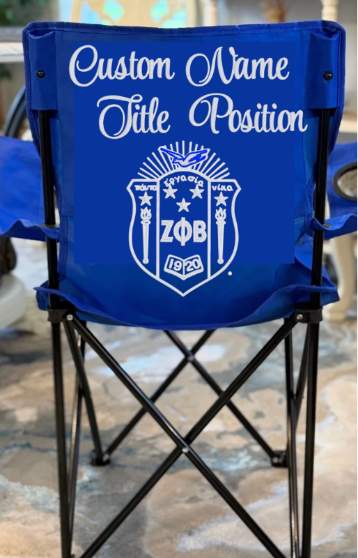 Custom embroidered Zeta Phi Beta blue folding chair with name and title position