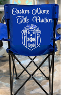 Custom embroidered Zeta Phi Beta blue folding chair with name and title position