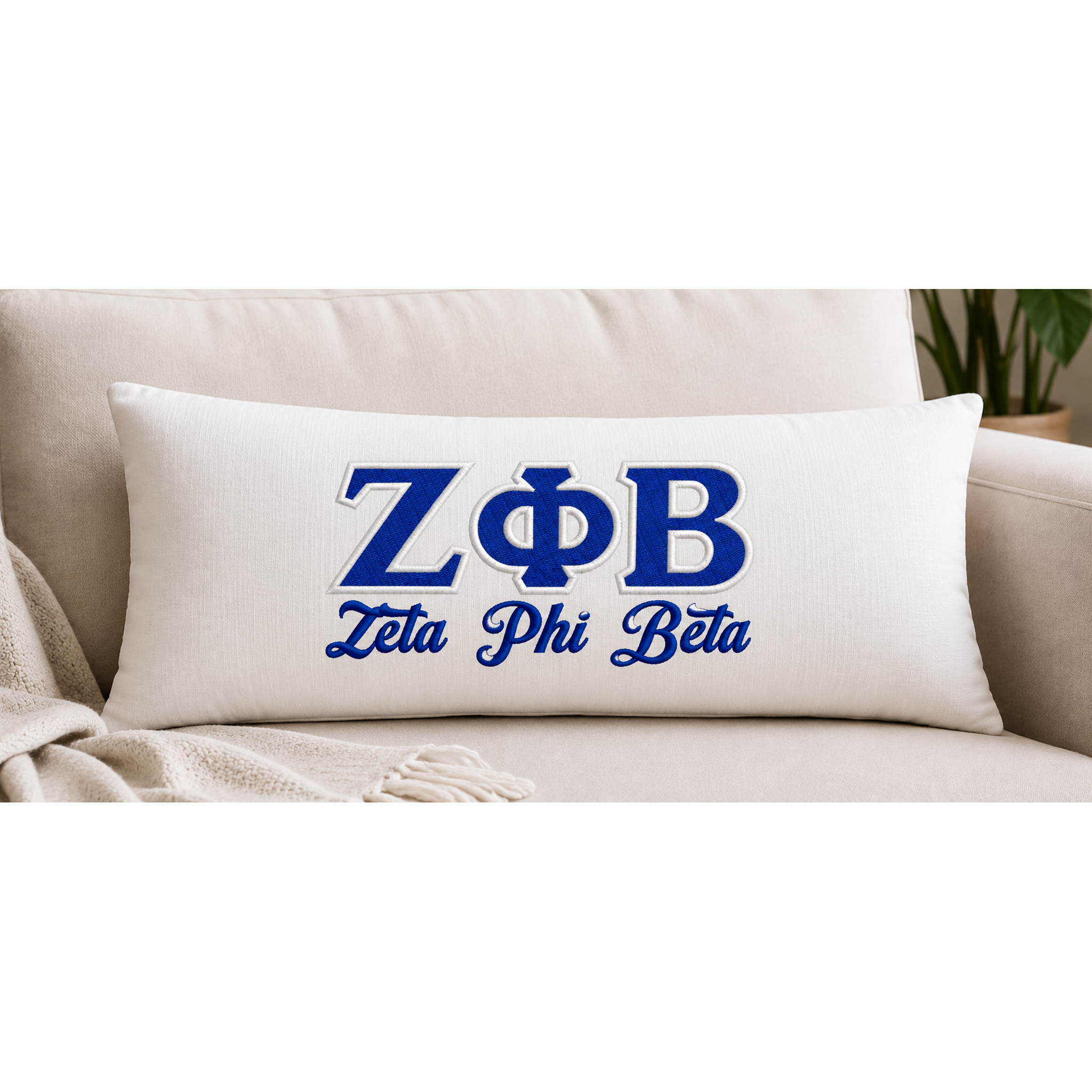 Embroidered Zeta Phi Beta lumbar pillow.