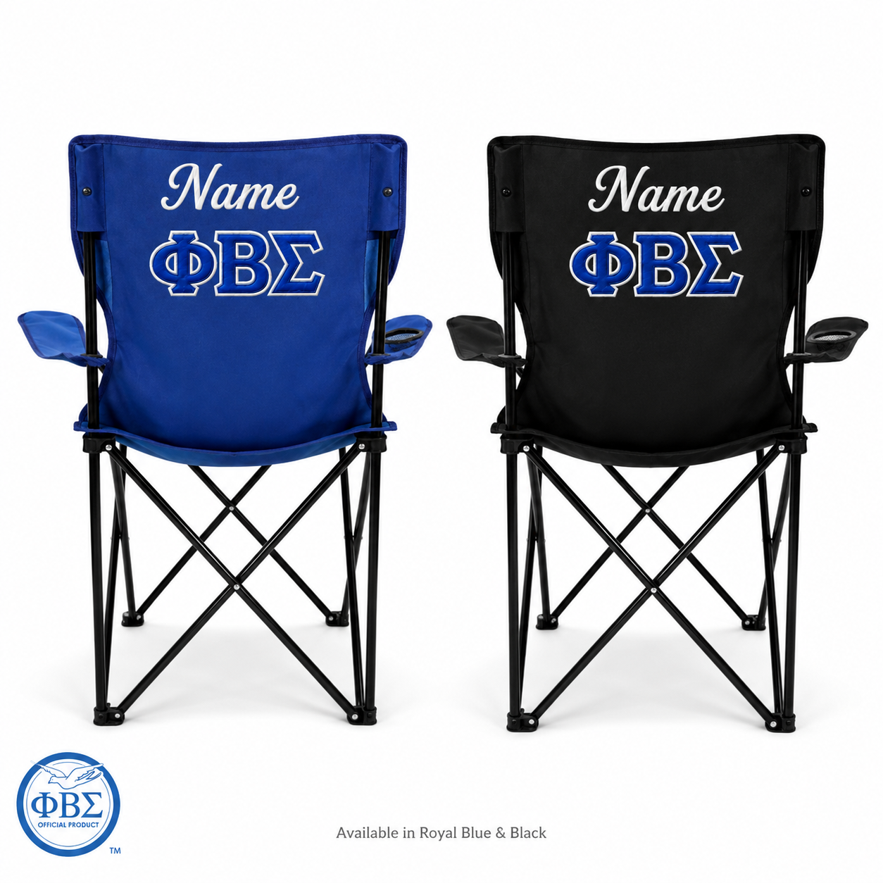 Phi Beta Sigma embroidered folding chairs in Royal Blue and Black
